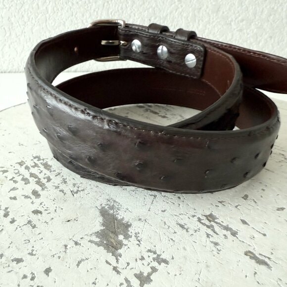 Rod Patrick Mens Full Quill Ostrich Leather Belt Dark Brown 1.25” Tapered Sz 34 - Picture 4 of 12